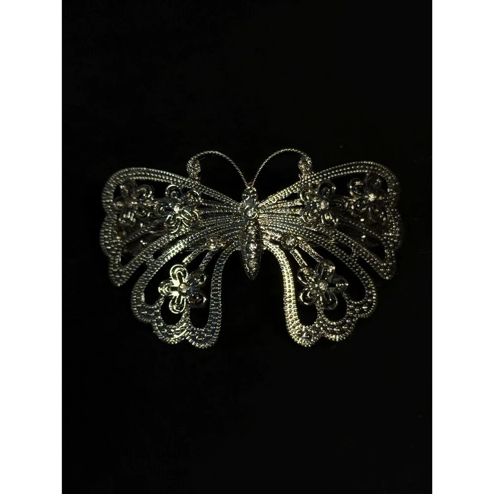 Vintage Silvertone Butterfly Hair Clip Floral Rhinestone Barrette 3.5